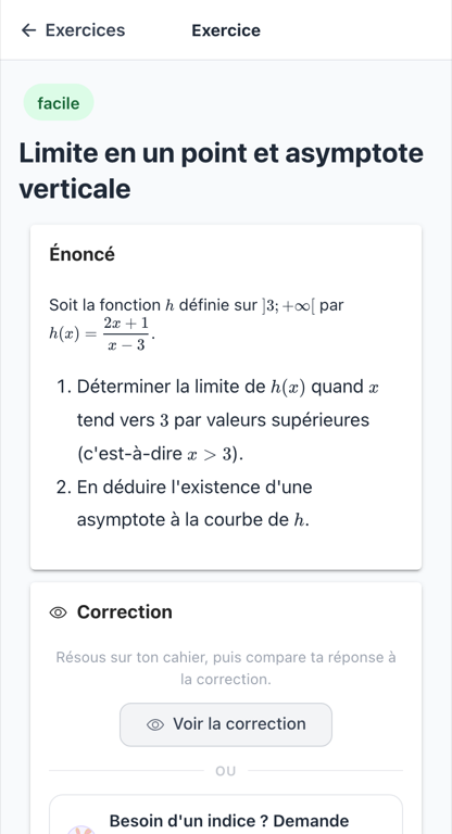 Exercice de maths Tle sur les limites avec formule LaTeX