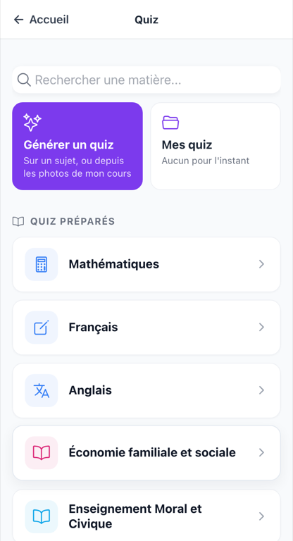 Liste des matières quiz Anta : Maths, Français, Anglais, Histoire, Géo, Philosophie